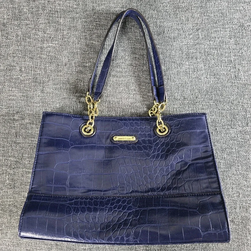 Anne Klein Blue Croc Embossed Faux Leather Satchel Chain Shoulder Bag Purse